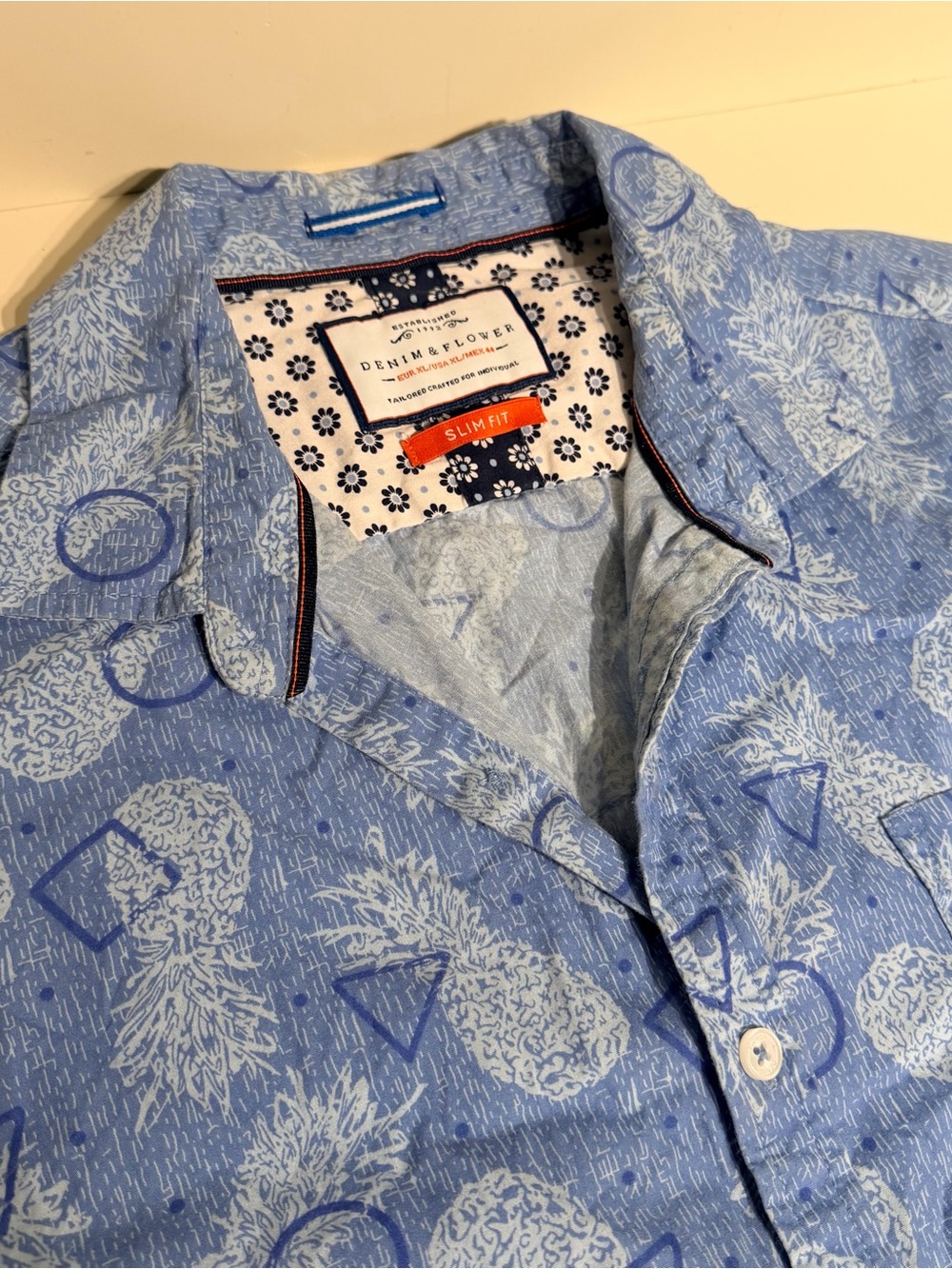 Denim & Flower Light Blue Pineapple Print Casual Button Down Shirt